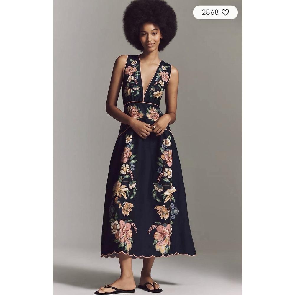 FARM RIO Maira Floral Linen Plunge Maxi Dress Women's Size M Navy Blue - Picture 2 of 16